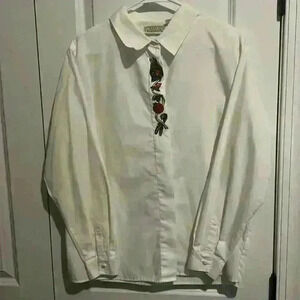 Vintage Basic Editions White Button Down size L Thanksgiving Blouse Embroidery